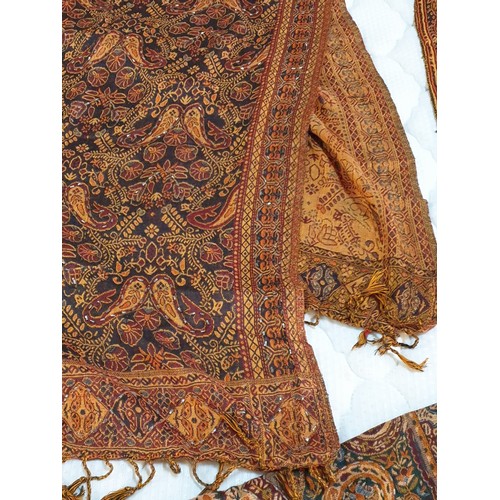 379 - 3 x Oriental Pattern - Earth Colour Cotton and Hand Decore Large Shawls / Scarfs (64 x 200cm each)