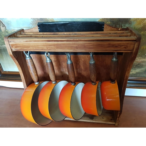 1 - Le Creuset Pan Set with Wooden Hanging Rack (5 x Orange Saucepan and 4 x Lids), (1 x A/F)