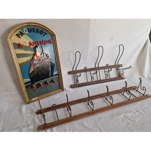 237 - 2 x Wall Mounted Antique Wood & Metal Coat / Hat Hooks, Together with Ship Picture with Hooks and 'P... 