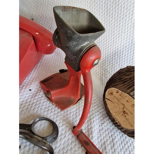 240 - Collection of Vintage Items; Table Top Mincer, Red Telephone, Large Scissors, Tree Bark Effect Bottl... 