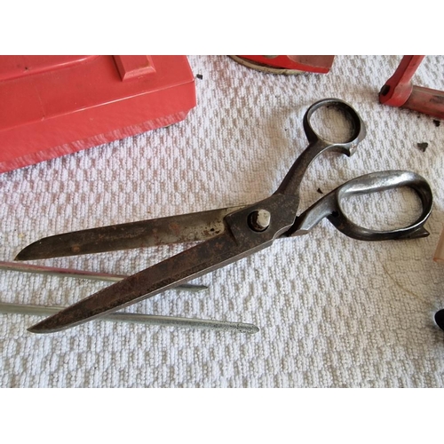 240 - Collection of Vintage Items; Table Top Mincer, Red Telephone, Large Scissors, Tree Bark Effect Bottl... 