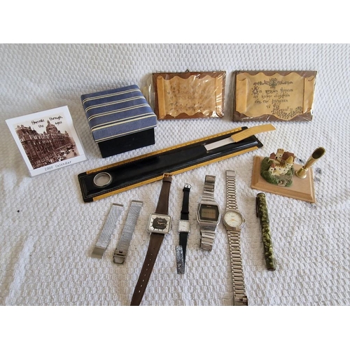 241 - Collection of Desk Items and Watches; Vintage Ruler with Magnifier and Letter Opener, Pen Holder, Ha... 