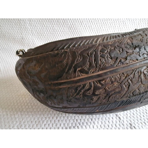 101e - Antique Kashkul, Coco De Mer Begging Bowl from Seychelles Coconut, Carved with Islamic Religious Exp... 