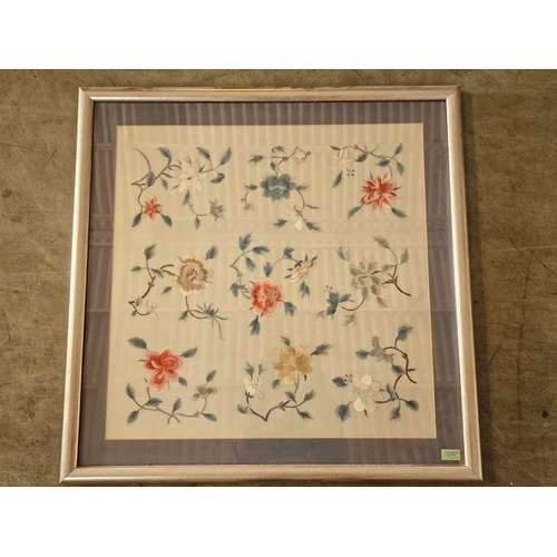 178o - Large Chinese Silk on Silk Embroidery Depicting Flowers in Silver Colour Frame, (Approx. 86 x 86cm),... 