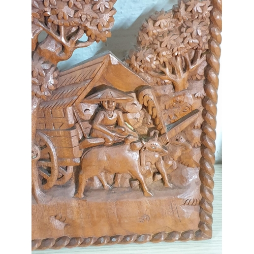 193 - Oriental Rural Scenes; 2 x Carving Wooden Wall Panels (24.5 x 28.5 and 24 x 29cm)