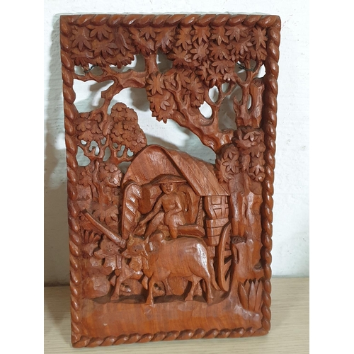 193 - Oriental Rural Scenes; 2 x Carving Wooden Wall Panels (24.5 x 28.5 and 24 x 29cm)