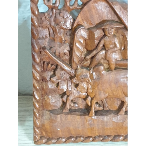 193 - Oriental Rural Scenes; 2 x Carving Wooden Wall Panels (24.5 x 28.5 and 24 x 29cm)