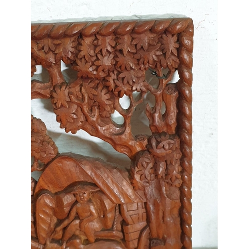 193 - Oriental Rural Scenes; 2 x Carving Wooden Wall Panels (24.5 x 28.5 and 24 x 29cm)