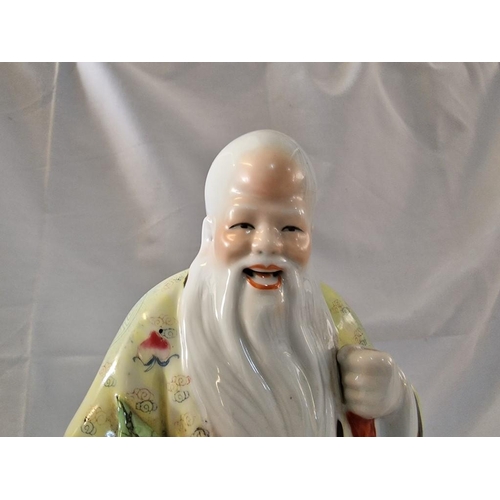 186 - Chinese Porcelain Statue of Wise Man Deity Show Xing God of Longevity - Holding A Peach and A Walkin... 