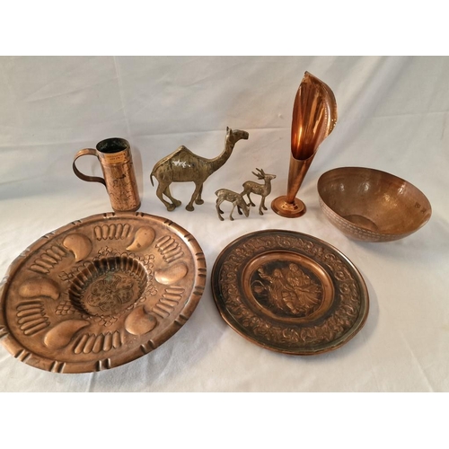 278 - Copper and Brass Various Retro Souvenirs; 3 x Brass Animals (H:8 - 20cm) Plate (Ø28cm) 2 x Bowls (Ø2... 