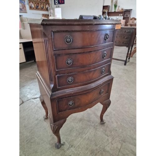 306 - Small Vintage Wooden Serpentine Chest of 4 - Drawers on Cabriole Carved Legs, Decorative Metal Drawe... 