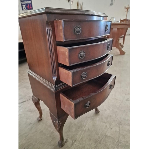 306 - Small Vintage Wooden Serpentine Chest of 4 - Drawers on Cabriole Carved Legs, Decorative Metal Drawe... 