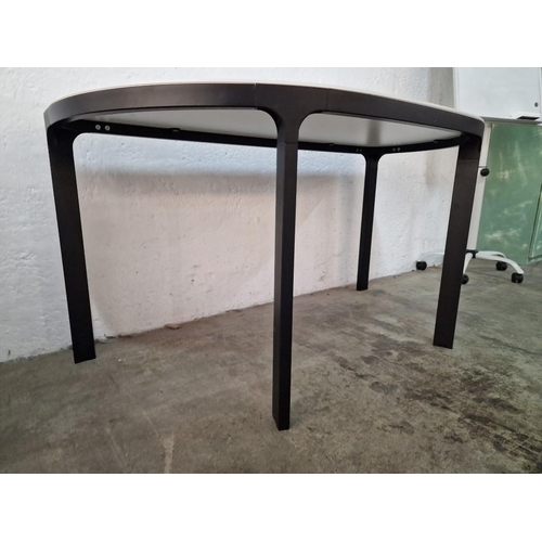 358 - Half Round White Colour Office Desk / Table Over Black Finish Metal Legs, (Approx. 140 x 70 x 73cm)