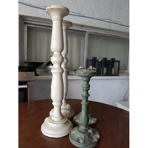 298 - 2 x Pair of Tall Wooden Candle Stick with White Finished (H:53cm each) and Green Finished (H:28cm ea... 