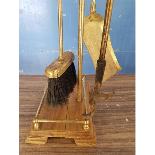 365 - Brass / Wood Vintage Style 3 - Pieces Fireplace Tools with Stand (A/F)