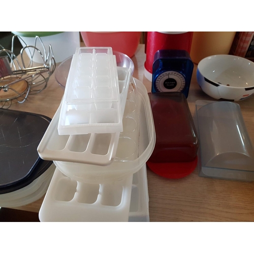 402 - Large Box of Assorted Kitchen Items; Plastic Containers with Lids, Ceramic Breakfast Bowls, Bread Ba... 