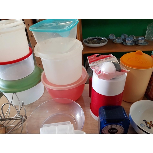 402 - Large Box of Assorted Kitchen Items; Plastic Containers with Lids, Ceramic Breakfast Bowls, Bread Ba... 