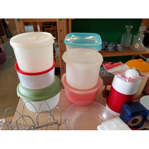 402 - Large Box of Assorted Kitchen Items; Plastic Containers with Lids, Ceramic Breakfast Bowls, Bread Ba... 