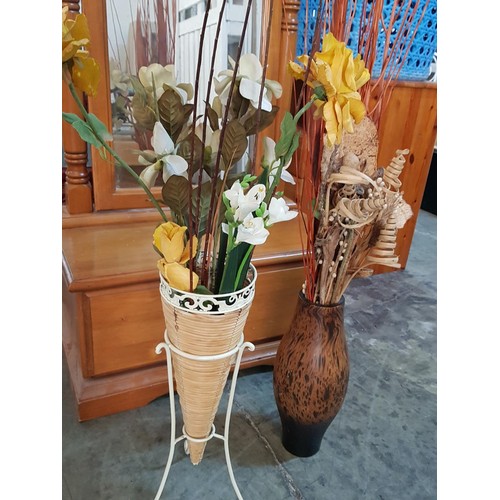 399 - Floral Home Decor; Metal / Wicker Flower Holder with Artificial Bouquet and Ceramic Vase with Dried ... 