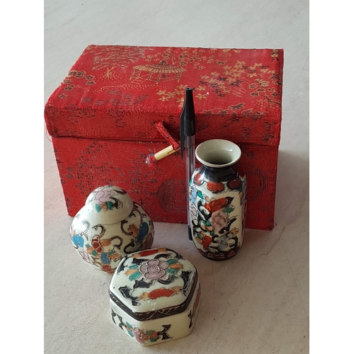 458 - Satsuma Mini Porcelain Ornaments Hand Made and Hand Painted (Vase, H:10.5cm, Urn with lid H:8cm, Tri... 