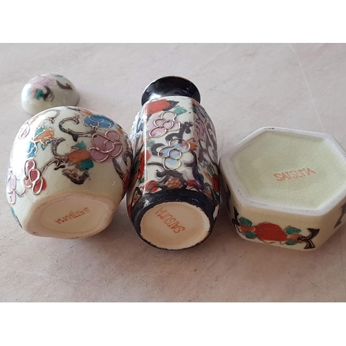 458 - Satsuma Mini Porcelain Ornaments Hand Made and Hand Painted (Vase, H:10.5cm, Urn with lid H:8cm, Tri... 