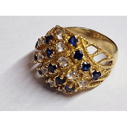 532 - 9ct Gold Ring with 3 x Lines of Round Cut Sapphires (13 Pcs) Divided by 2 x Lines of Clear Stones (1... 