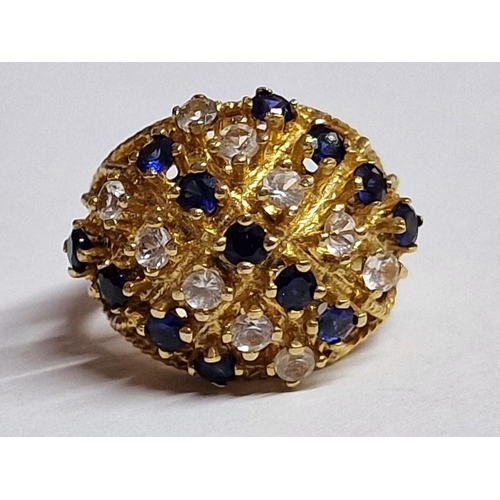 532 - 9ct Gold Ring with 3 x Lines of Round Cut Sapphires (13 Pcs) Divided by 2 x Lines of Clear Stones (1... 