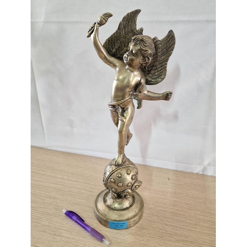 535 - Cast Metal / Bronze Effect Winged Cherub / Putty Figure on Celestial Globe, (Approx. H: 42cm)