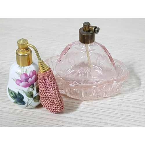 552 - Vintage Perfume Bottles Peach Colour Glass Mini Atomizer Bottle with Tray (Bottle; H:7.5cm and Tray;... 