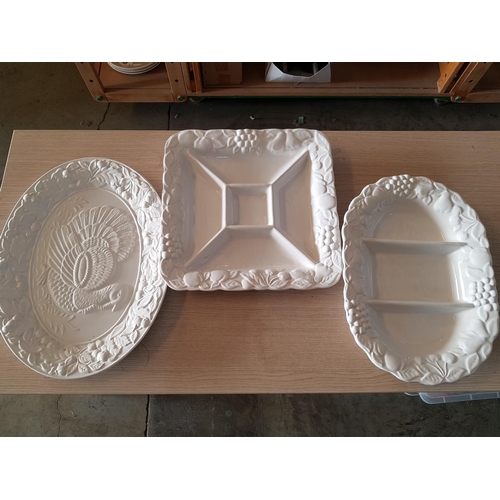 572 - Various Oversize White Ceramic Dishes, Oval Turkey Dish (48.5 x 37cm) Square 5 - Section Dip Dish (3... 