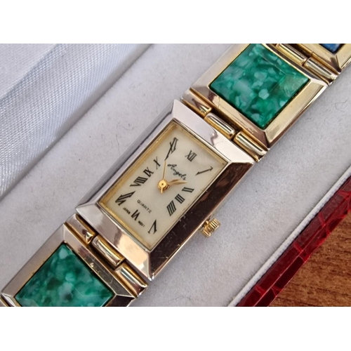 656 - Decorative 'Angels' Bracelet Wristwatch with Alternating Green & Blue Stone Strap, in White Metal, Q... 