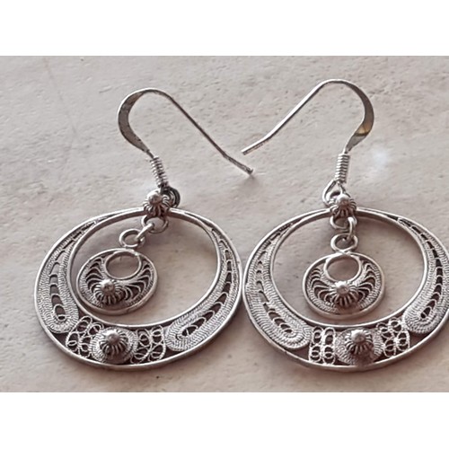 658 - Lefkara Style Silver Set; Pair of Dangling Earrings and Brooch, Total Weight 9gr