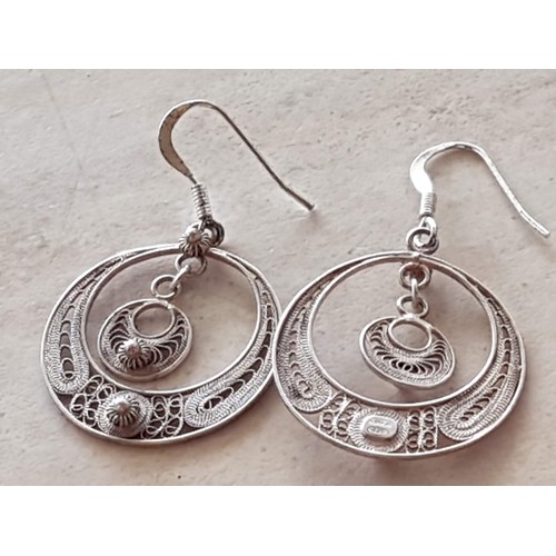 658 - Lefkara Style Silver Set; Pair of Dangling Earrings and Brooch, Total Weight 9gr