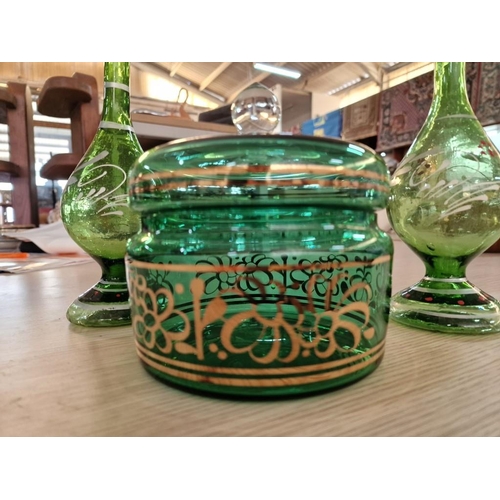 156 - Decorative Lidded Green Glass Dish with Gold Pattern & Trim, Together with Pair of Vintage Green Gla... 