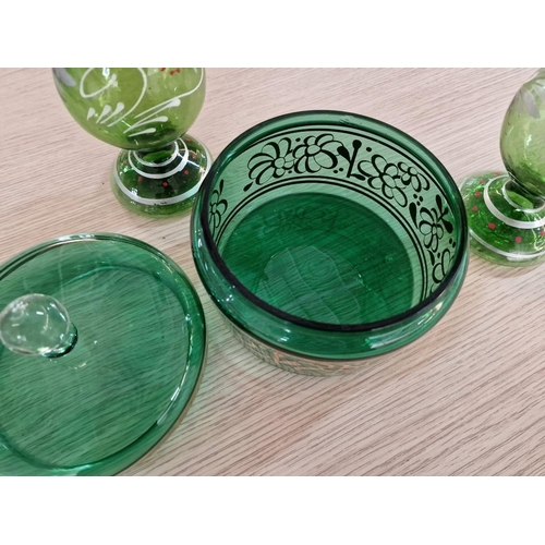 156 - Decorative Lidded Green Glass Dish with Gold Pattern & Trim, Together with Pair of Vintage Green Gla... 