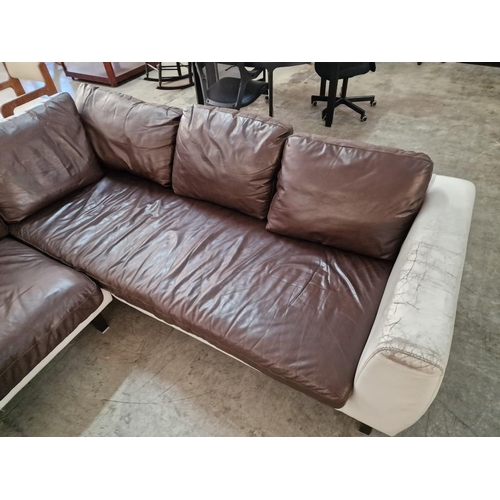 32 - Large Cream & Brown Soft Leather 'L' Shaped Corner Sofa (Noted some wear, mostly to the arms)