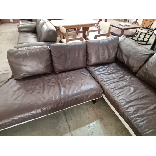 32 - Large Cream & Brown Soft Leather 'L' Shaped Corner Sofa (Noted some wear, mostly to the arms)