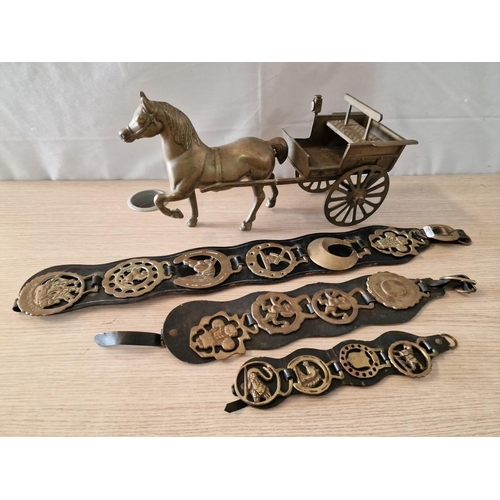 42 - Brass Shire Horse and Cart, Together with Collection of Horse Brasses Mounted on 3 x Leather Straps,... 