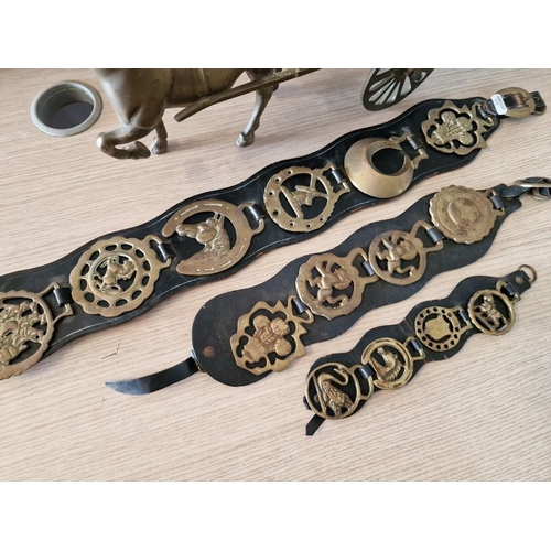 42 - Brass Shire Horse and Cart, Together with Collection of Horse Brasses Mounted on 3 x Leather Straps,... 