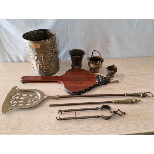 46 - Collection of Fireside Items; Large / Long Handle Shovel, Poker, Coal Pickers, Bellows, Brass Relief... 