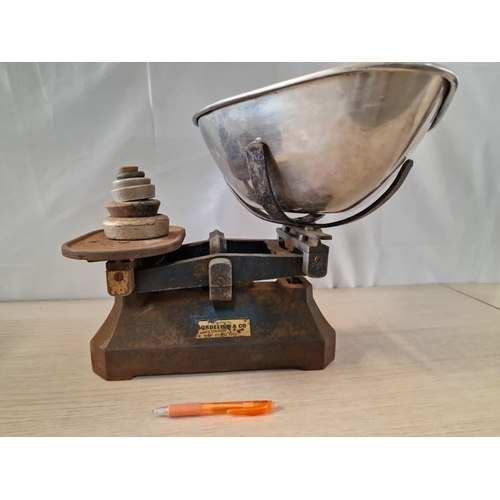 48 - Vintage Cast Iron Kitchen Balance Scales with Large Pan and Set of Weights, Made in England