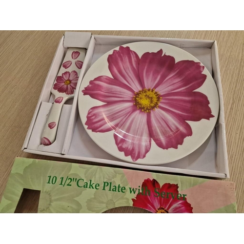 61 - Porcelain Cake Plate with Matching Server, Floral Pattern, in Box