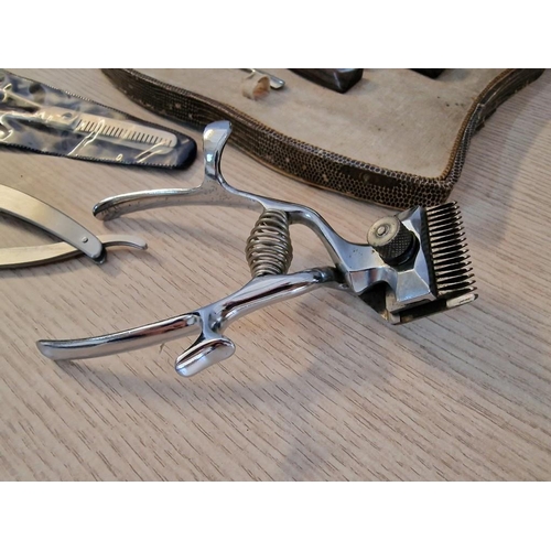 68 - Collection of Vintage Hair Dressers Items; Clippers, Scissors, Cut Throat Razor and Part Complete Va... 