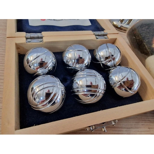 71 - Wooden Cased Set of Mini Boulles, Together with Desk Magnet Game and 3 x Folk Art Dolls, (5)