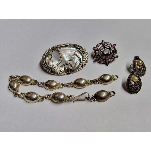 76 - Collection of 925 Silver Jewelery; Decorative Oval Shape Brooch with Mother of Pearl and Red Stones,... 