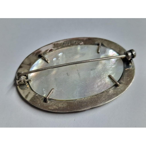 76 - Collection of 925 Silver Jewelery; Decorative Oval Shape Brooch with Mother of Pearl and Red Stones,... 