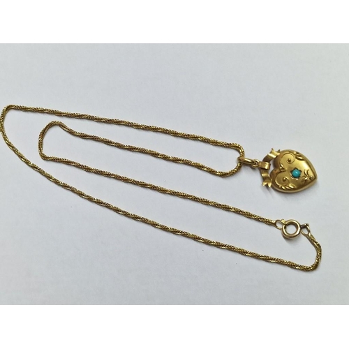 84 - Decorative 15ct Gold Heart Shaped Pendant with Turquoise Colour Stone, (Approx. 1.6g), on Gold Fille... 