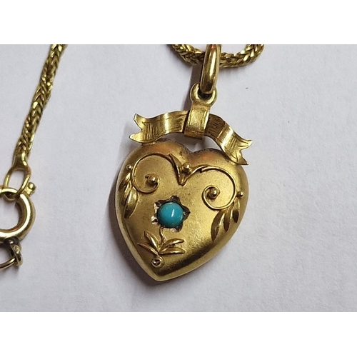 84 - Decorative 15ct Gold Heart Shaped Pendant with Turquoise Colour Stone, (Approx. 1.6g), on Gold Fille... 