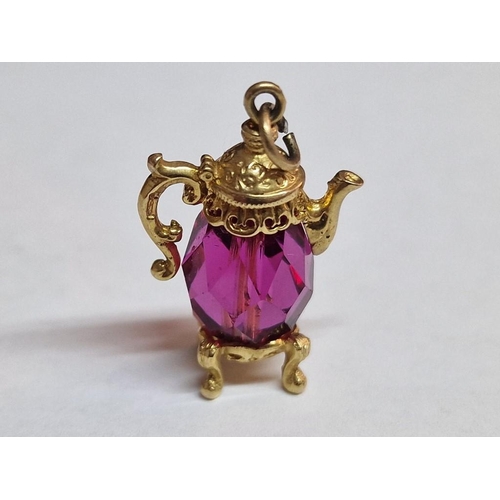 85 - 9ct Gold & Pink Crystal Coffee Pot Charm, (Approx. H: 23mm, 4.4g)