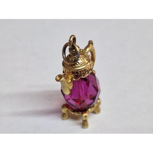 85 - 9ct Gold & Pink Crystal Coffee Pot Charm, (Approx. H: 23mm, 4.4g)